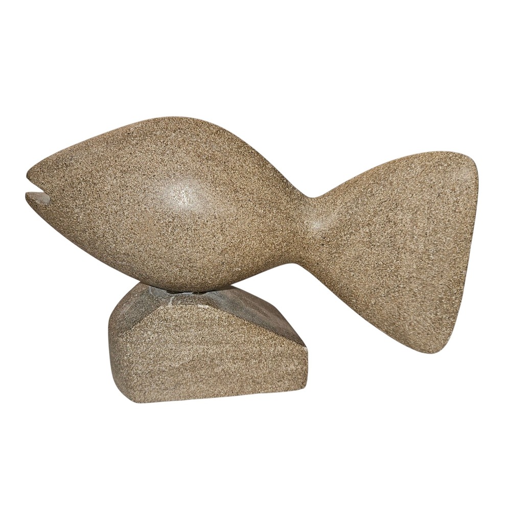 Vintage Minimalist Hand Carved Stone Fish Sculpture Brutalist Abstract Tan 7in